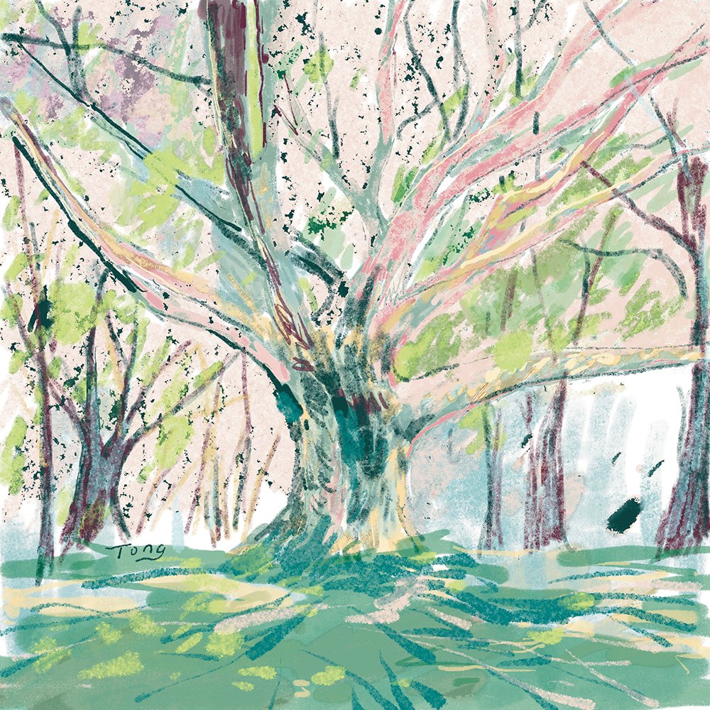 Tong Lin《5月》：綠與奶茶／棕色調，自然風景與插畫題材，方形藝術掛畫。 作品原圖。