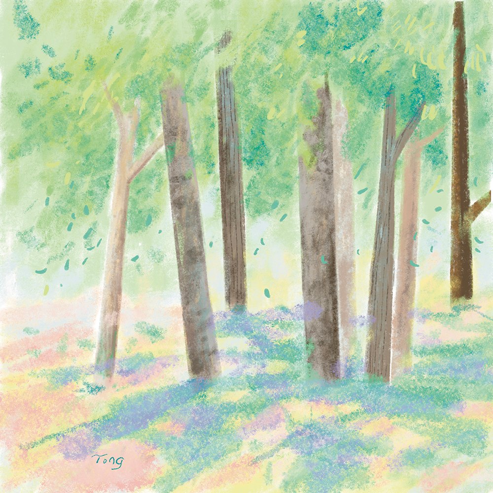June by Tong Lin, a square art print featuring natural landscapes and illustration, in green and cream / brown tones. Artwork image.