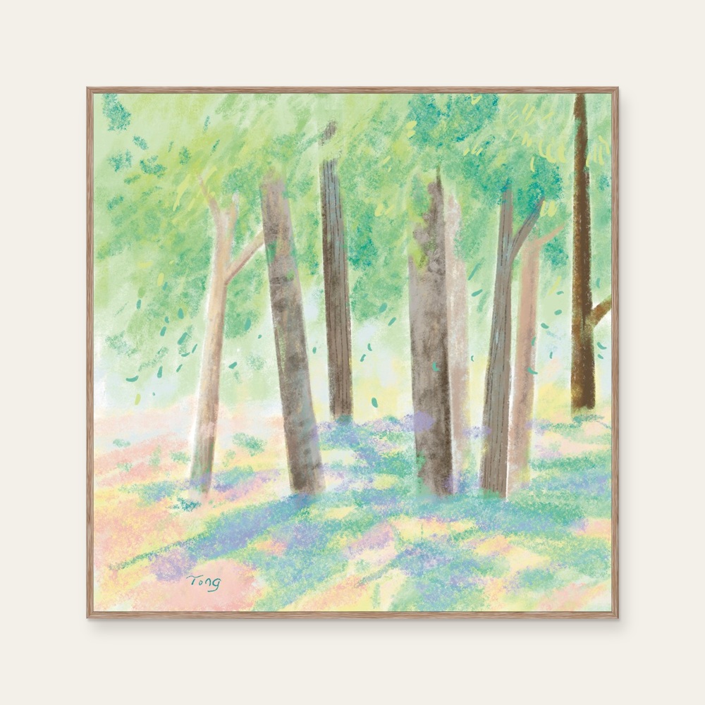June by Tong Lin, a square art print featuring natural landscapes and illustration, in green and cream / brown tones.