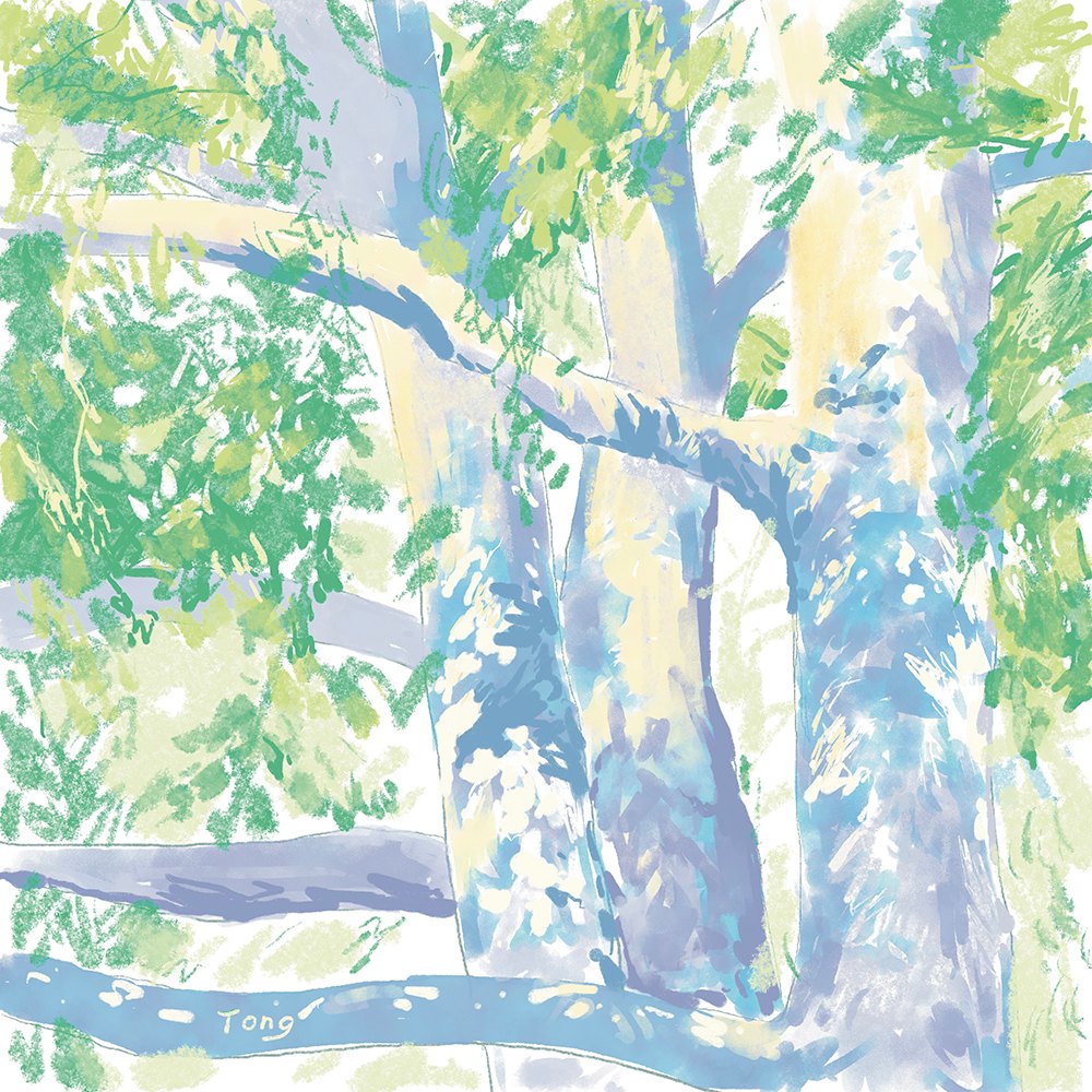 Tong Lin《7月》：藍與綠色調，自然風景與插畫題材，方形藝術掛畫。 作品原圖。