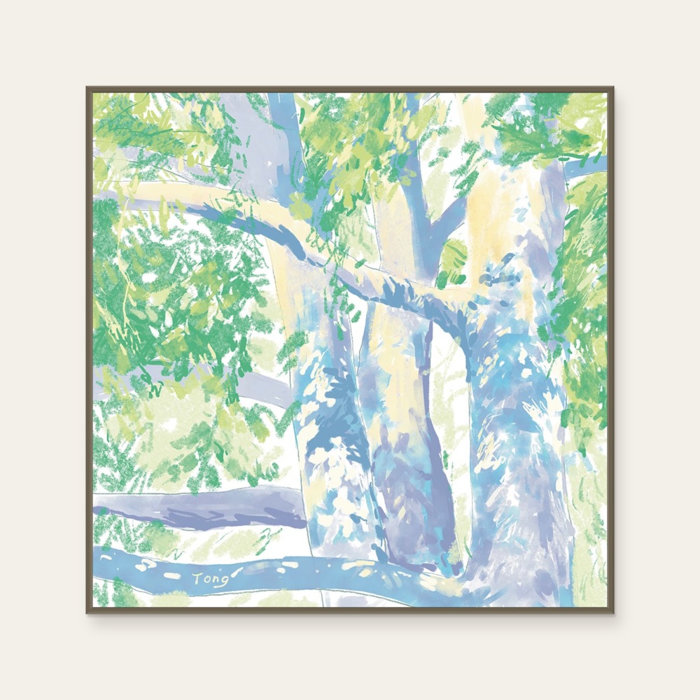 Tong Lin《7月》:藍與綠色調,自然風景與插畫題材,方形藝術掛畫。 封面圖片。