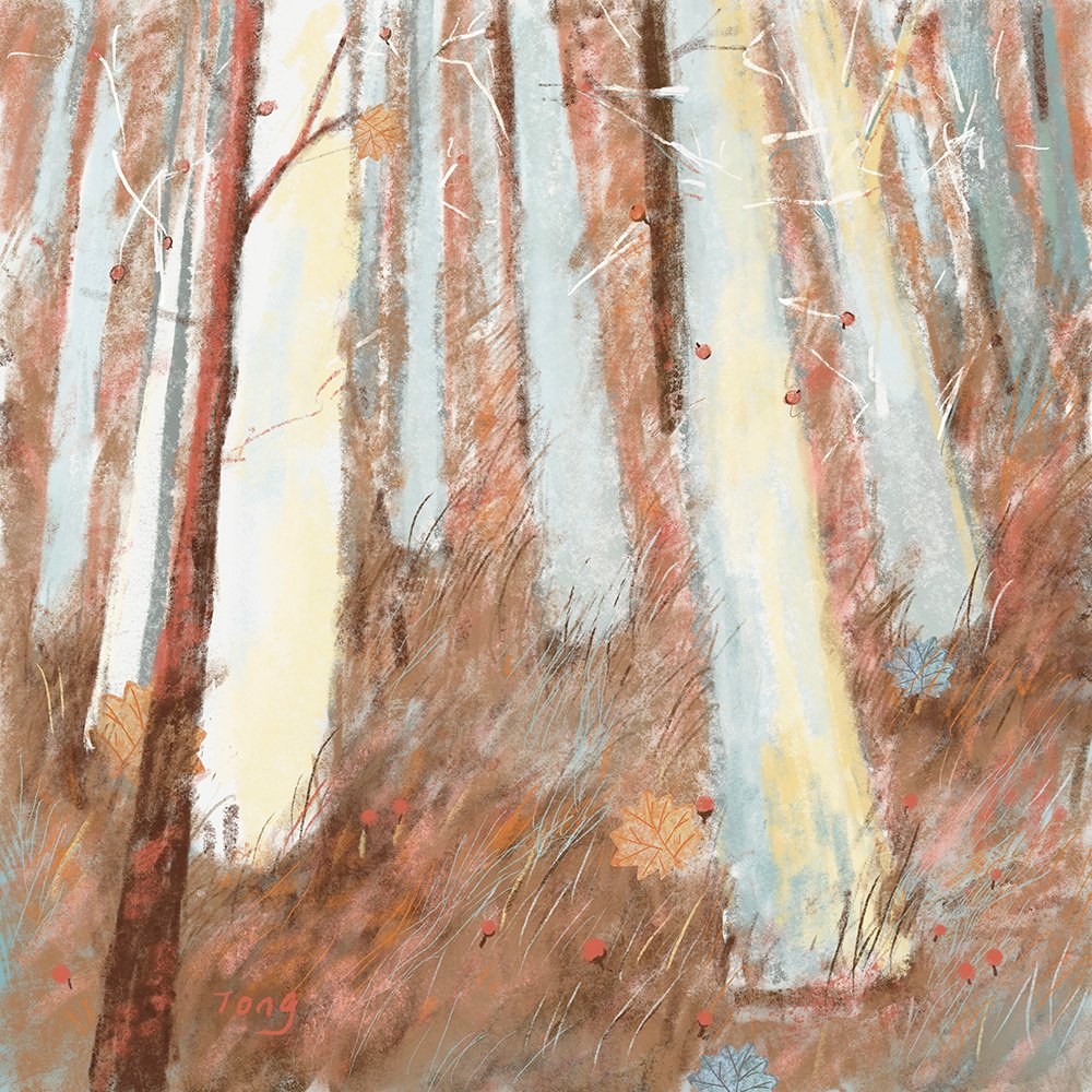 September by Tong Lin, a square art print featuring natural landscapes and illustration, in grey and cream / brown tones. Artwork image.