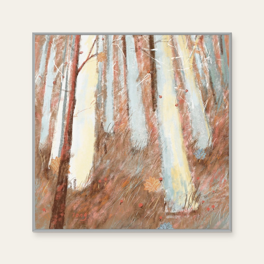 September by Tong Lin, a square art print featuring natural landscapes and illustration, in grey and cream / brown tones.