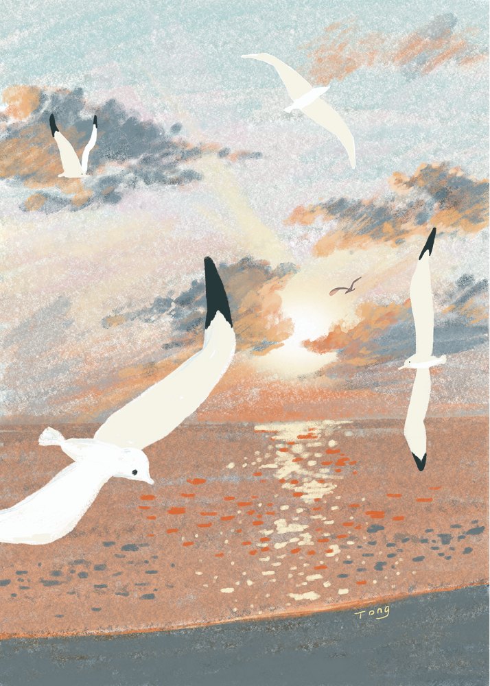 Tong Lin《夕陽》：灰與奶茶／棕色調，自然風景與插畫題材，直幅藝術掛畫。 作品原圖。