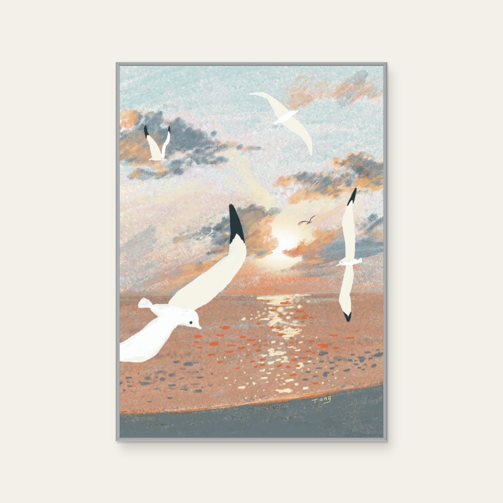 Tong Lin《夕陽》：灰與奶茶／棕色調，自然風景與插畫題材，直幅藝術掛畫。