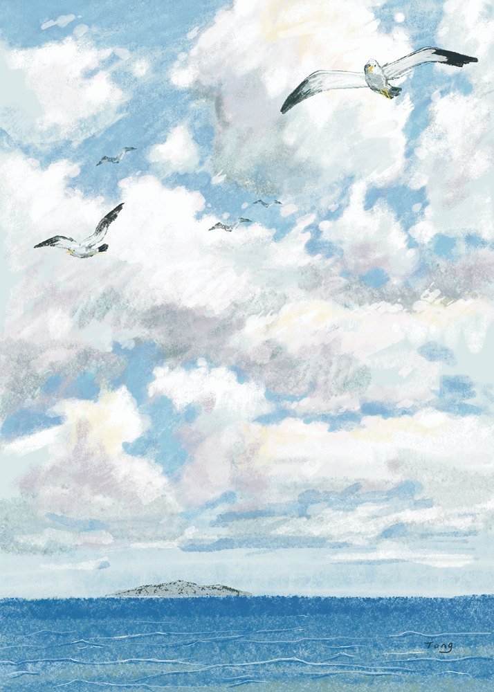 Tong Lin《雨後雲彩燦爛》：灰與奶茶／棕色調，自然風景與插畫題材，直幅藝術掛畫。 作品原圖。