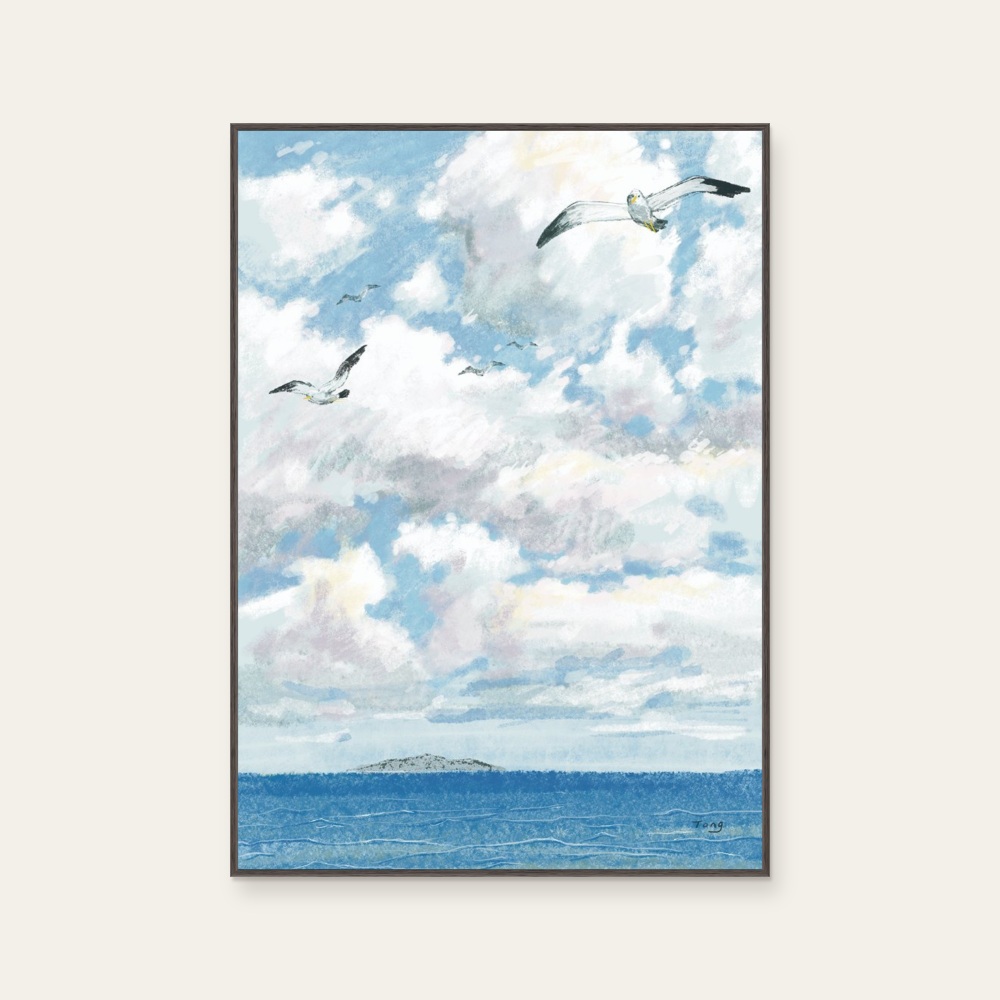 Tong Lin《雨後雲彩燦爛》：灰與奶茶／棕色調，自然風景與插畫題材，直幅藝術掛畫。