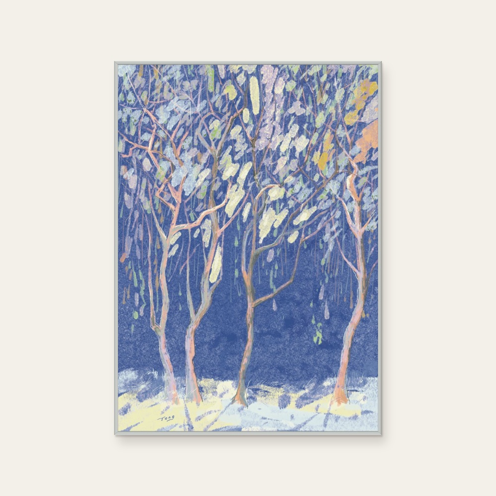 Tong Lin《流星》:灰與藍色調,自然風景與插畫題材,直幅藝術掛畫。 封面圖片。