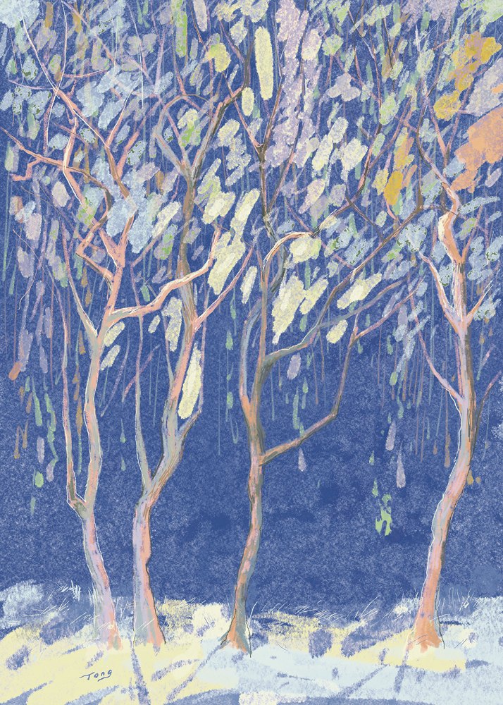 Tong Lin《流星》：灰與藍色調，自然風景與插畫題材，直幅藝術掛畫。 作品原圖。
