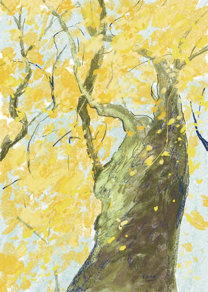 Tong Lin《黃色》：黃與奶茶／棕色調，自然風景與插畫題材，直幅藝術掛畫。 作品原圖。