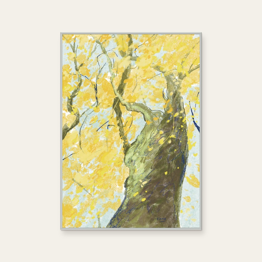 Tong Lin《黃色》：黃與奶茶／棕色調，自然風景與插畫題材，直幅藝術掛畫。