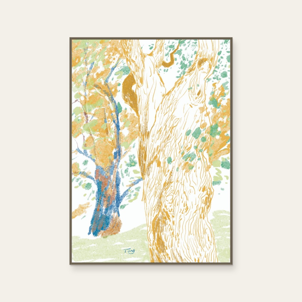 Trees and Trees by Tong Lin, a vertical art print featuring natural landscapes and illustration, in black and white and cream / brown tones.