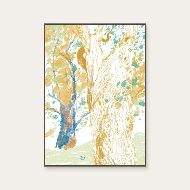 Tong Lin《樹和樹》：黑白與奶茶／棕色調，自然風景與插畫題材，直幅藝術掛畫。 封面圖片。