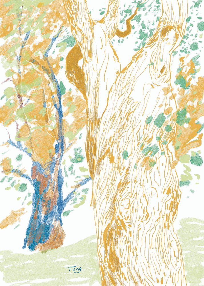Trees and Trees by Tong Lin, a vertical art print featuring natural landscapes and illustration, in black and white and cream / brown tones. Artwork image.