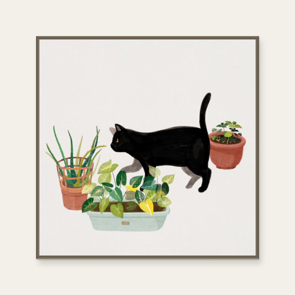Pot Cats · Black Cats and Plants by ABOO YANG, a square art print featuring animals, in black and white and cream / brown tones.
