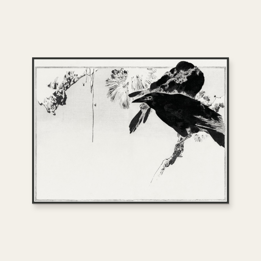 渡辺省亭《日本花鳥畫作-兩隻烏鴉》:黑白色調,動物題材,橫幅藝術掛畫。 封面圖片。