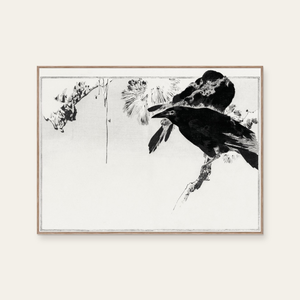 渡辺省亭《日本花鳥畫作-兩隻烏鴉》：黑白色調，動物題材，橫幅藝術掛畫。