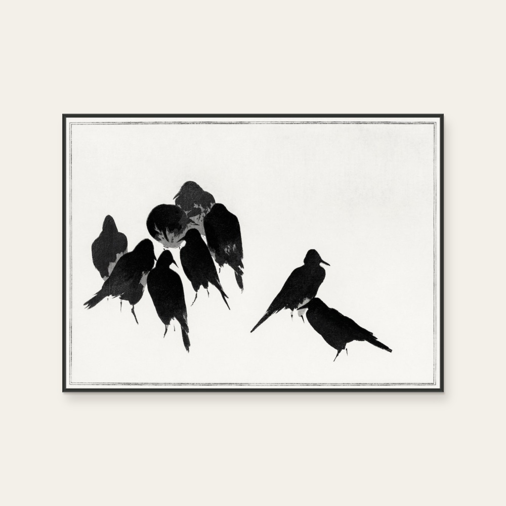 渡辺省亭《日本花鳥畫作-群聚的烏鴉》:黑白色調,動物題材,橫幅藝術掛畫。 封面圖片。