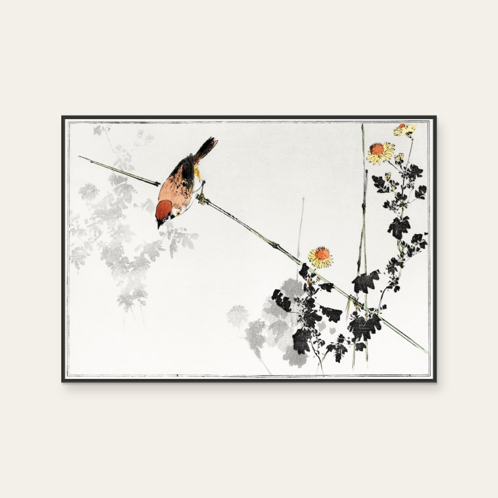 渡辺省亭《日本花鳥畫作-樹上的麻雀》:黑白色調,動物題材,橫幅藝術掛畫。 封面圖片。