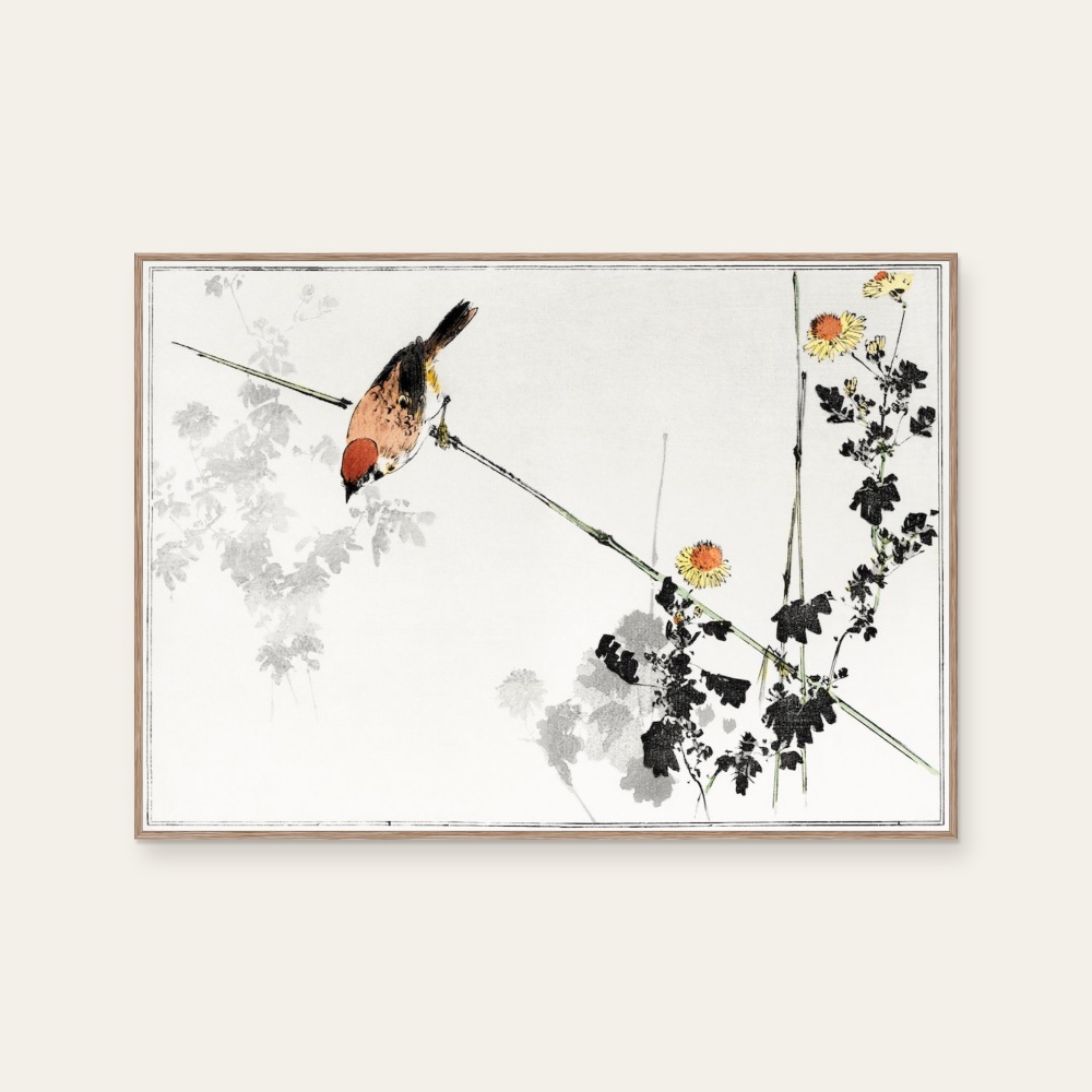 渡辺省亭《日本花鳥畫作-樹上的麻雀》：黑白色調，動物題材，橫幅藝術掛畫。