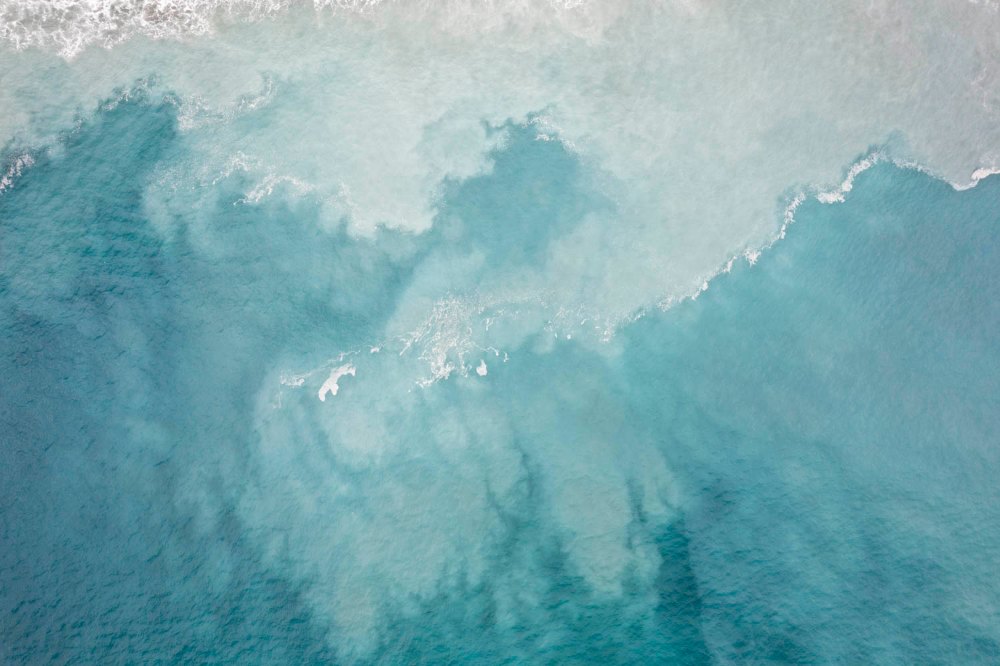No Stash - Blue Rock by aPo, a horizontal art print featuring natural landscapes and photographic and realistic imagery, in blue and teal and yellow / green tones. Artwork image.