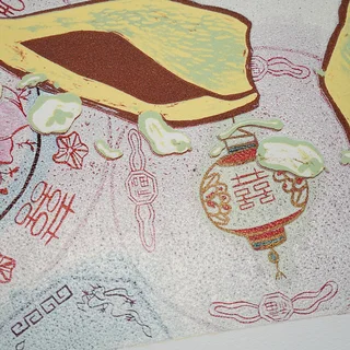 王文伶《版畫 · 一席羊福》：黑白與灰與奶茶／棕色調，動物題材，橫幅限量作品。