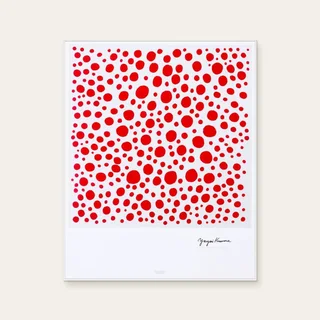 Pray for world peace in the sun (poster) by Yayoi Kusama, a vertical poster featuring figures, in red / orange tones.