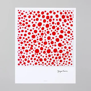 Pray for world peace in the sun (poster) by Yayoi Kusama, a vertical poster featuring figures, in red / orange tones.