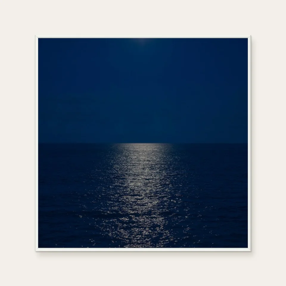 See Sea · Blue Moon Rise by aPo, a square art print featuring natural landscapes and photographic and realistic imagery, in pink and blue and cream / brown tones. Cover image.
