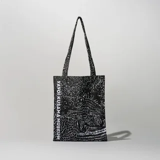 Tote Bag (Black) by Yayoi Kusama, an artist-designed object featuring abstract lines and Japanese print imagery, in black and white tones.