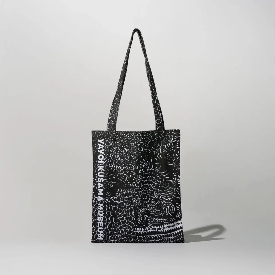 Tote Bag (Black) by Yayoi Kusama, an artist-designed object featuring abstract lines and Japanese print imagery, in black and white tones.