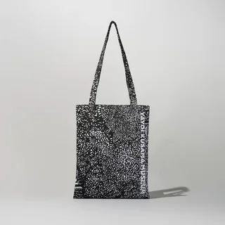 Tote Bag (Black) by Yayoi Kusama, an artist-designed object featuring abstract lines and Japanese print imagery, in black and white tones. Cover image.