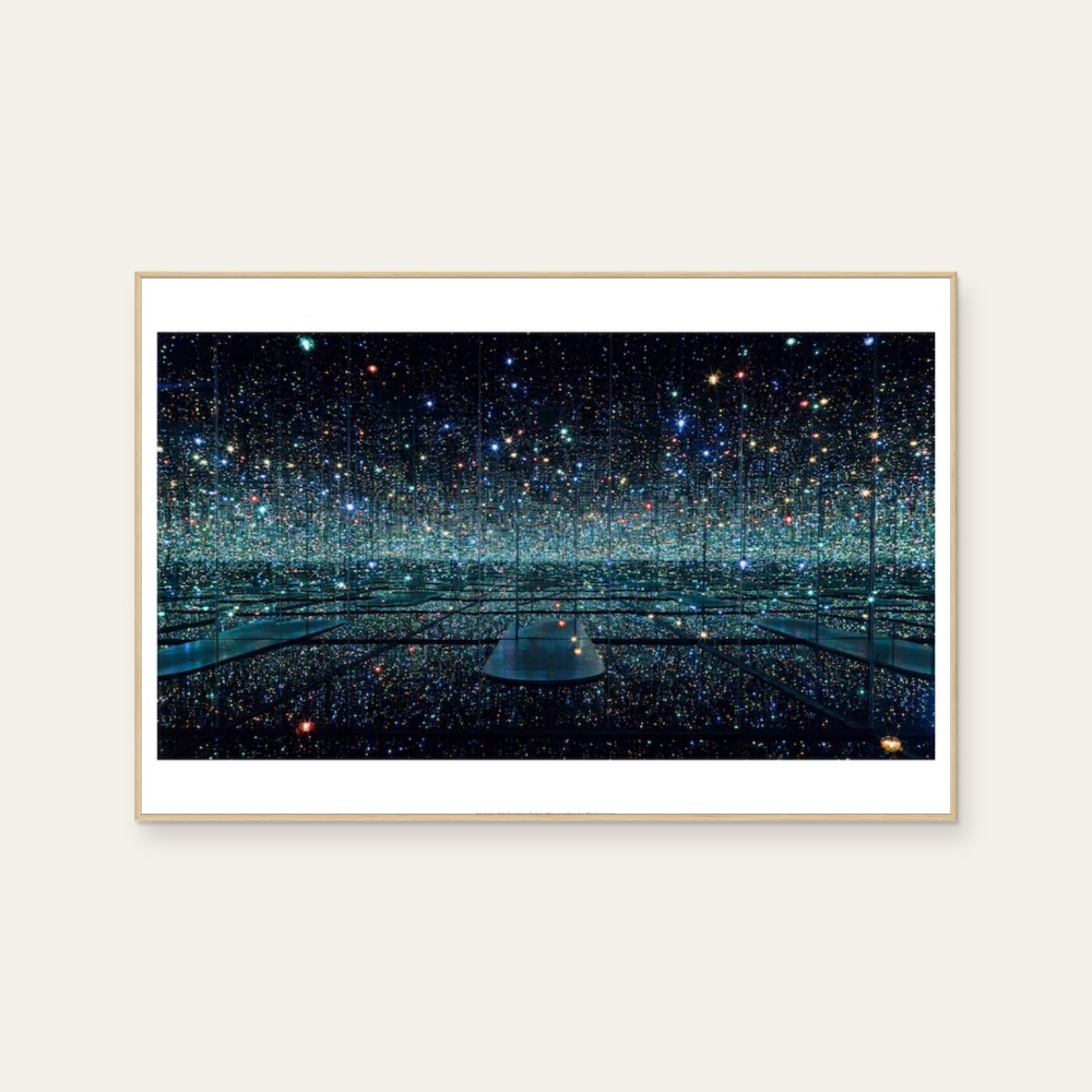 Infinity Mirrored Room — The Souls of Millions of Light Years Away by Yayoi Kusama, a horizontal poster featuring architecture and objects, in blue and black and white tones. Product image 2.
