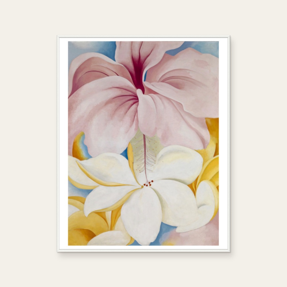 歐姬芙 Georgia O'Keeffe《芙蓉雞蛋花 Hibiscus with Plumeria》：粉紅與黃色調，花卉植物與靜物題材，直幅藝術掛畫。 產品圖片 2。