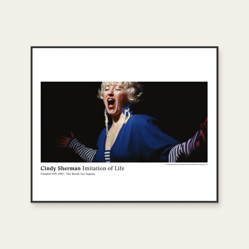 辛迪·雪曼 Cindy Sherman《限量 · 當代攝影 Cindy Sherman · Imitation of Life》:黑白與藍色調,人物與攝影與寫實題材,橫幅海報。 封面圖片。