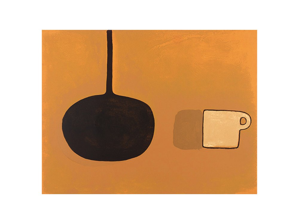Black Pan, Beige Cup on Brown, 1970 by William Scott, a horizontal poster featuring flowers and still life, in red / orange tones. Artwork image.