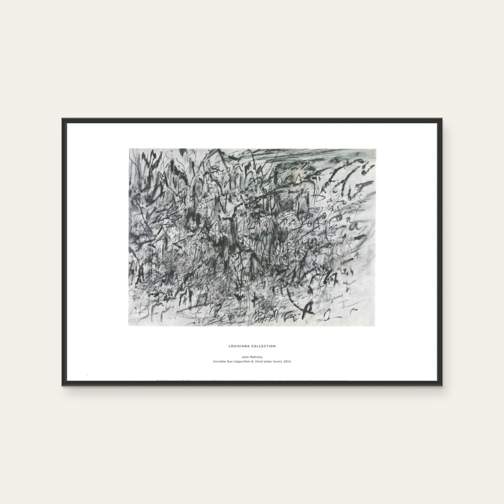 INVISIBLE SUN by Julie Mehretu, a horizontal poster featuring abstract lines, in black and white tones. Cover image.