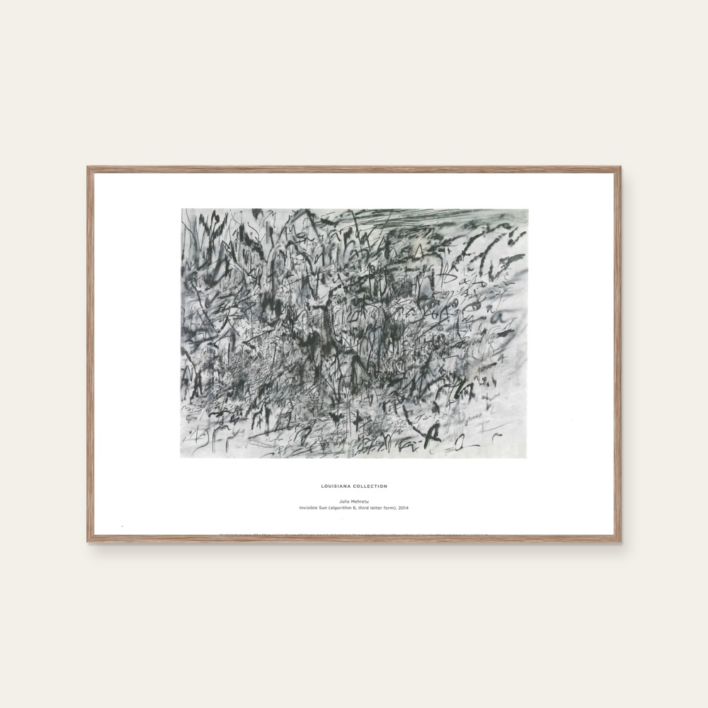 INVISIBLE SUN by Julie Mehretu, a horizontal poster featuring abstract lines, in black and white tones. Product image 2.
