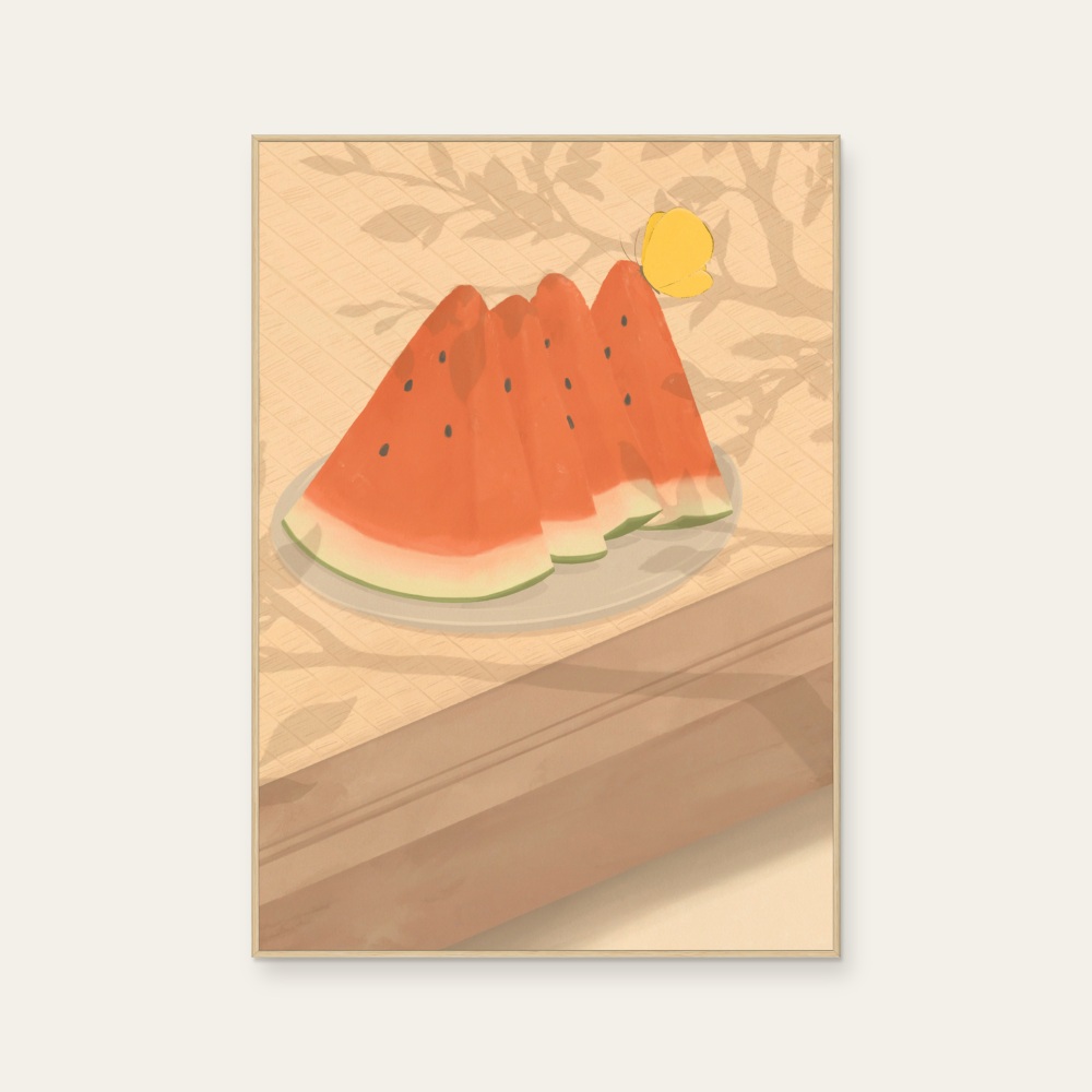 Summer vacation · Fruit still life hanging painting by Zhang Zijun, a vertical art print featuring natural landscapes, in cream / brown and red / orange tones. Cover image.