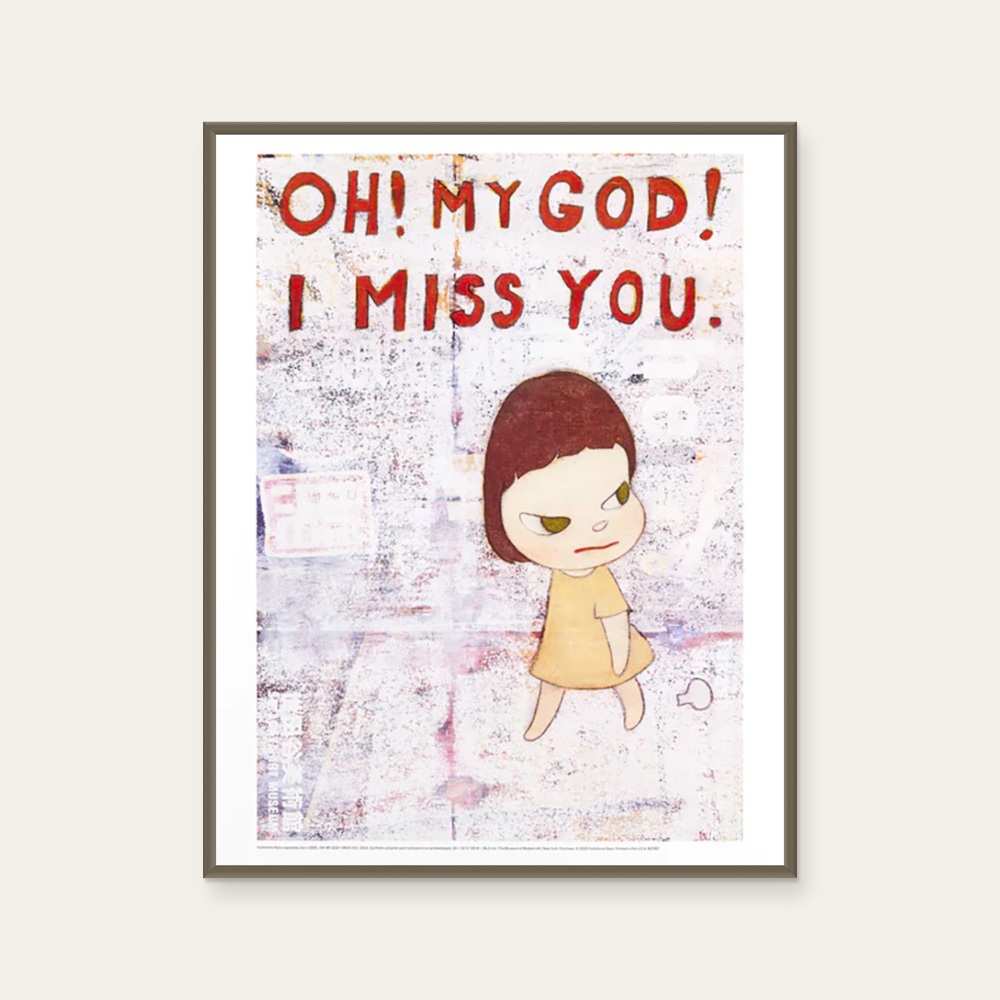 奈良美智 Yoshitomo Nara《OH! MY GOD! I MISS YOU.》：奶茶／棕與紅／橘色調，角色題材，直幅海報。 產品圖片 2。