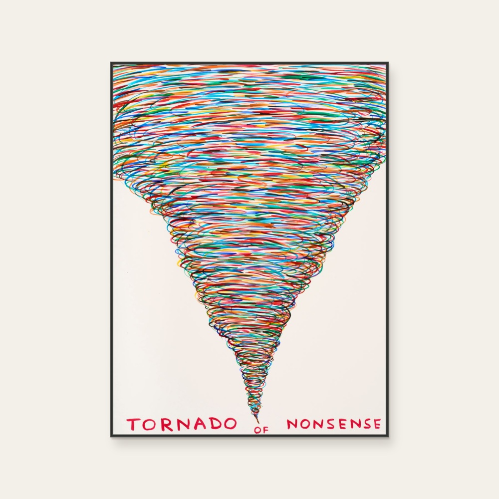 David Shrigley《tornado of nonsense (無意義的龍捲風)》:多彩色調,插畫題材,直幅海報。 封面圖片。