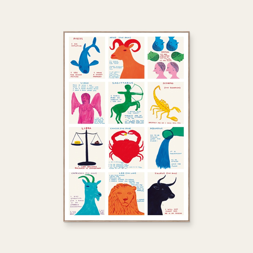 Signs of the Zodiac by David Shrigley, a vertical poster featuring animals and graffiti and pop art, in multicoloured tones. Product image 2.