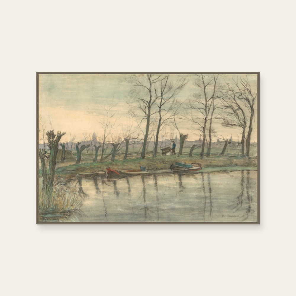 Amsterdam Skyline Viewed from the West by Piet Mondrian, a horizontal art print featuring flowers and still life and natural landscapes, in cream / brown and green tones. Product image 2.
