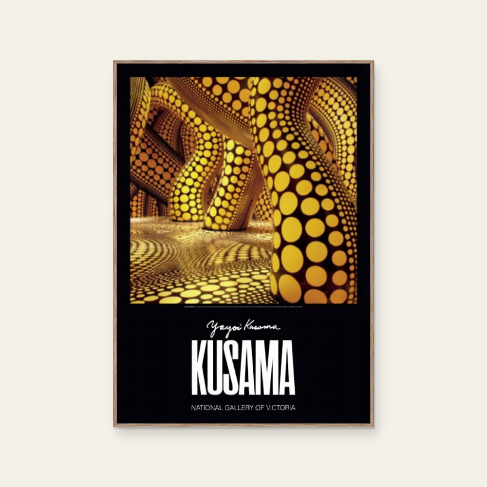 The Hope of Polka Dots (Black Background) by Yayoi Kusama, a vertical poster featuring abstract lines, in black and white and yellow tones. Cover image.