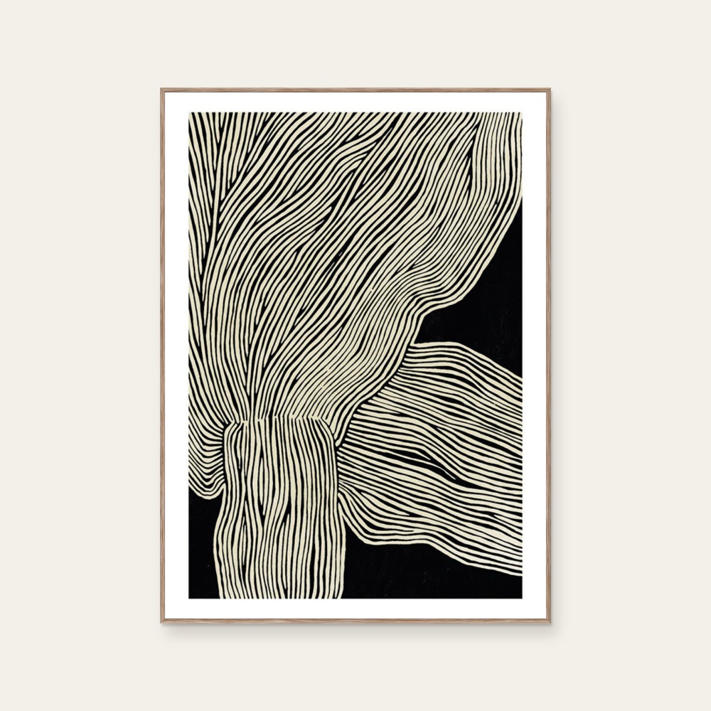 Rebecca Hein《The Line No 13》:黑白與奶茶/棕色調,抽象線條題材,直幅海報。 封面圖片。