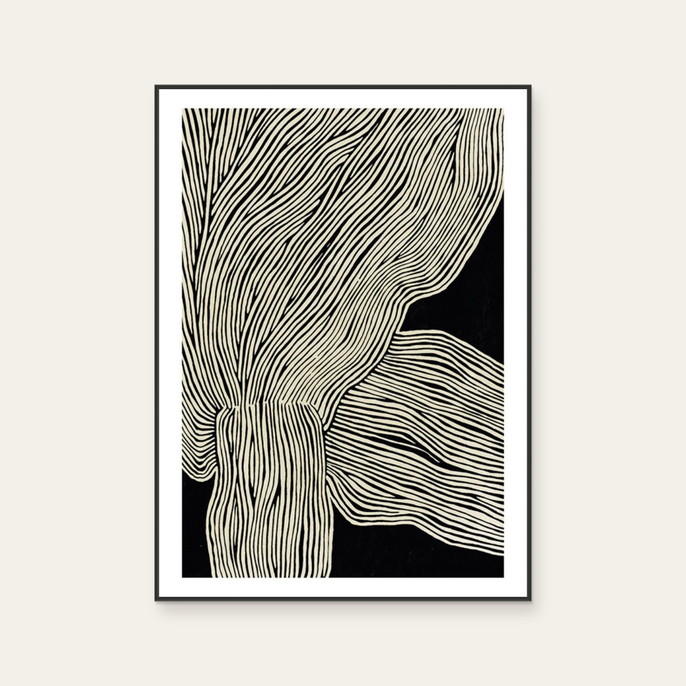Rebecca Hein《The Line No 13》：黑白與奶茶／棕色調，抽象線條題材，直幅海報。 產品圖片 2。