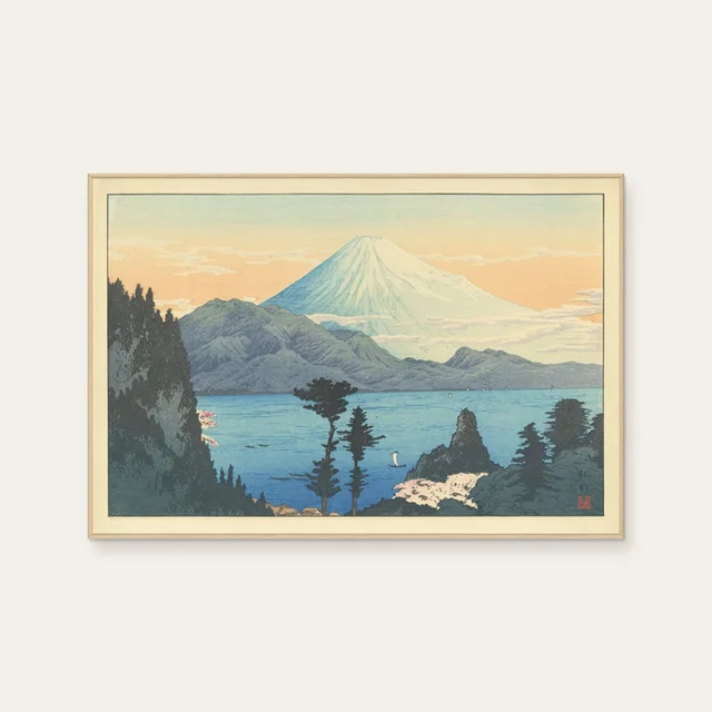 高橋松亭 Takahashi Shōtei《倉澤，富士山的四個季節》：藍與奶茶／棕色調，自然風景題材，橫幅藝術掛畫。 封面圖片。