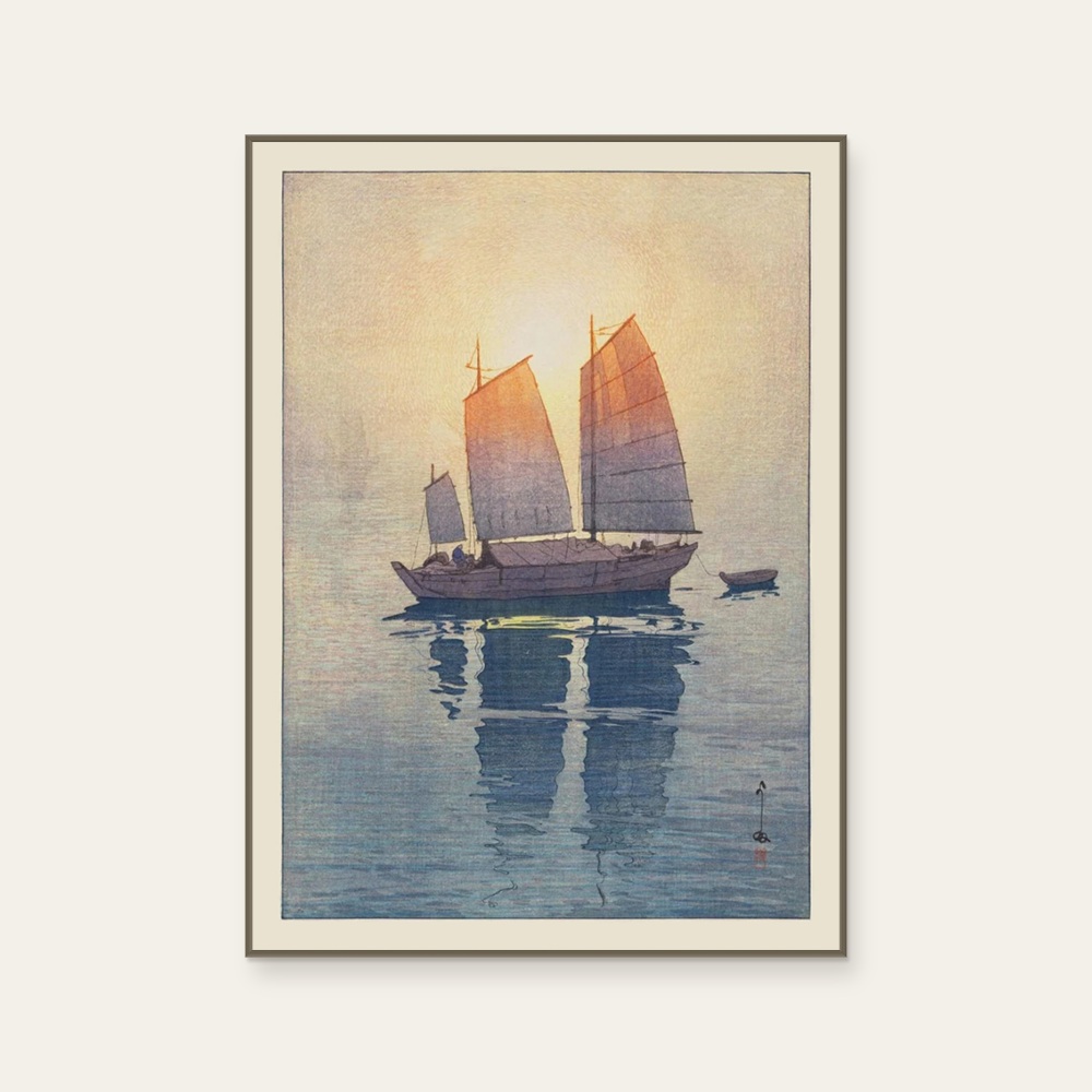 吉田博 Hiroshi Yoshida《濑户内海集 帆船》：奶茶／棕與藍色調，自然風景題材，直幅藝術掛畫。 產品圖片 2。