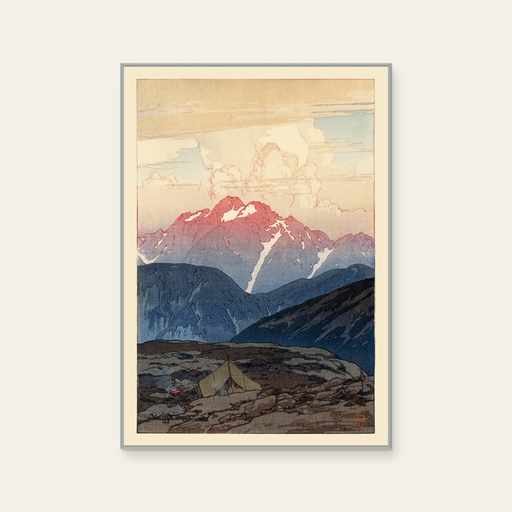 吉田博 Hiroshi Yoshida《日本阿爾卑斯十二題 劍山之朝》：藍與奶茶／棕色調，自然風景題材，直幅藝術掛畫。 產品圖片 2。
