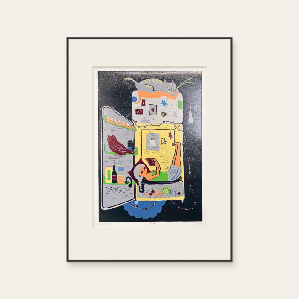 Air Conditioning On by XINs, a vertical limited-edition artwork featuring figures and characters, in multicoloured and yellow / green tones. Cover image.